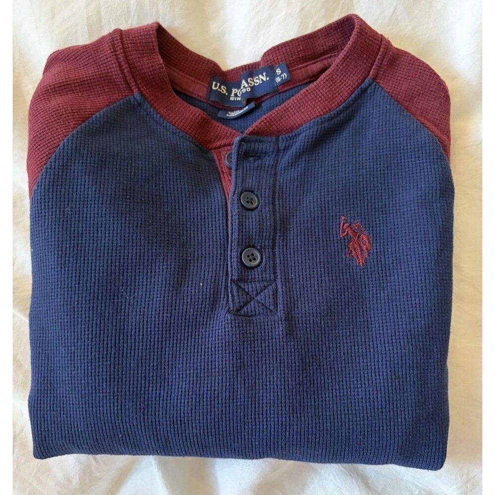 US POLO Assoc Boys Waffle Weave Long Sleeve Shirt, Sz S 6/7 Navy/bergundy